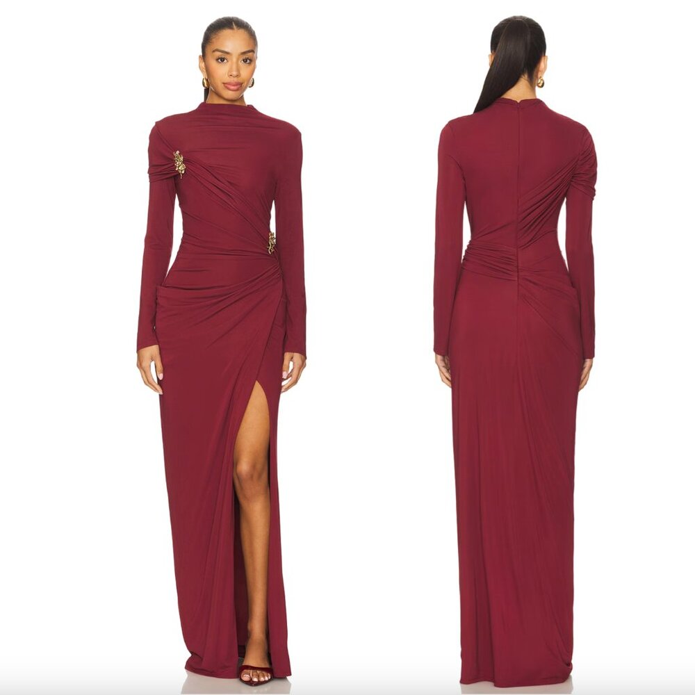 SIMKHAI Izadora Midi Dress in Cranberry Red Long Sleeve Slit Maxi Gown Jonathan
